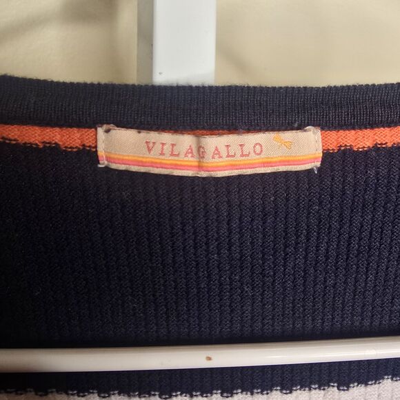 Vilagallo Navy Blue Multicolor Stripe Open Front Cardigan Fringe Shoulder S/M - Picture 9 of 16